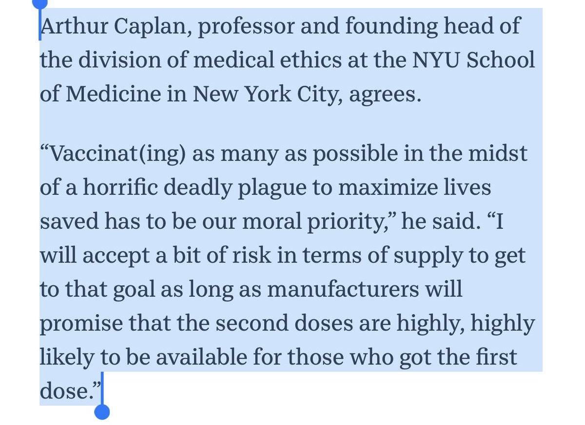 4) this 1-dose is good question.  @ScottGottliebMD thinks that if we have 40 million doses, we shouldn’t withhold half, but that we should just roll out 35 mil for everyone now. @ArthurCaplan also agrees. We should 1-dose vaccinate as many as possible.  https://amp.usatoday.com/amp/3860363001 
