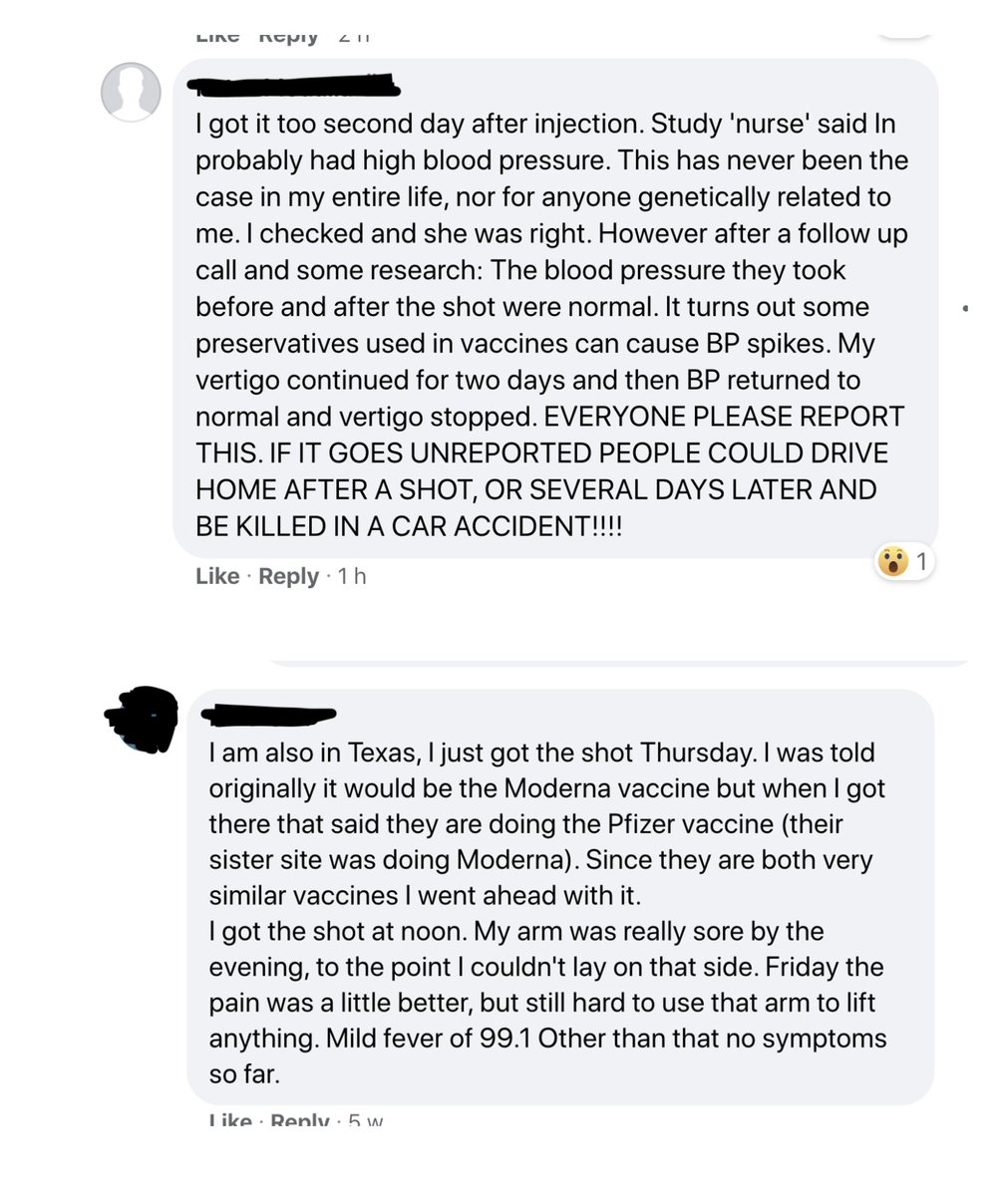 Pfizer/Moderna volunteers took to Facebook to gossip about side effects, incl high fever, being “unable to lift anything," vertigo, high BP, arm pain for weeks, feeling “beaten with a baseball bat” & hours-long vomiting. "I'd be worried about elderly/weak people," one mused./35