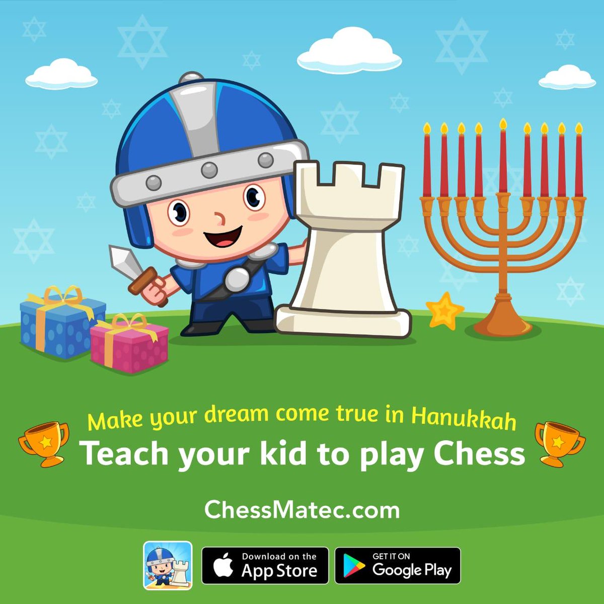 ChessMatec's tweet image. ChessMatec wants to wish all of our friends a very happy and healthy #Hanukkah ! 🕯️✨
Make your dreams come true this holiday season - and teach your kids to play #Chess with the ChessMatec App!🤩
Start playing now 👉🏻 chessmatec.com