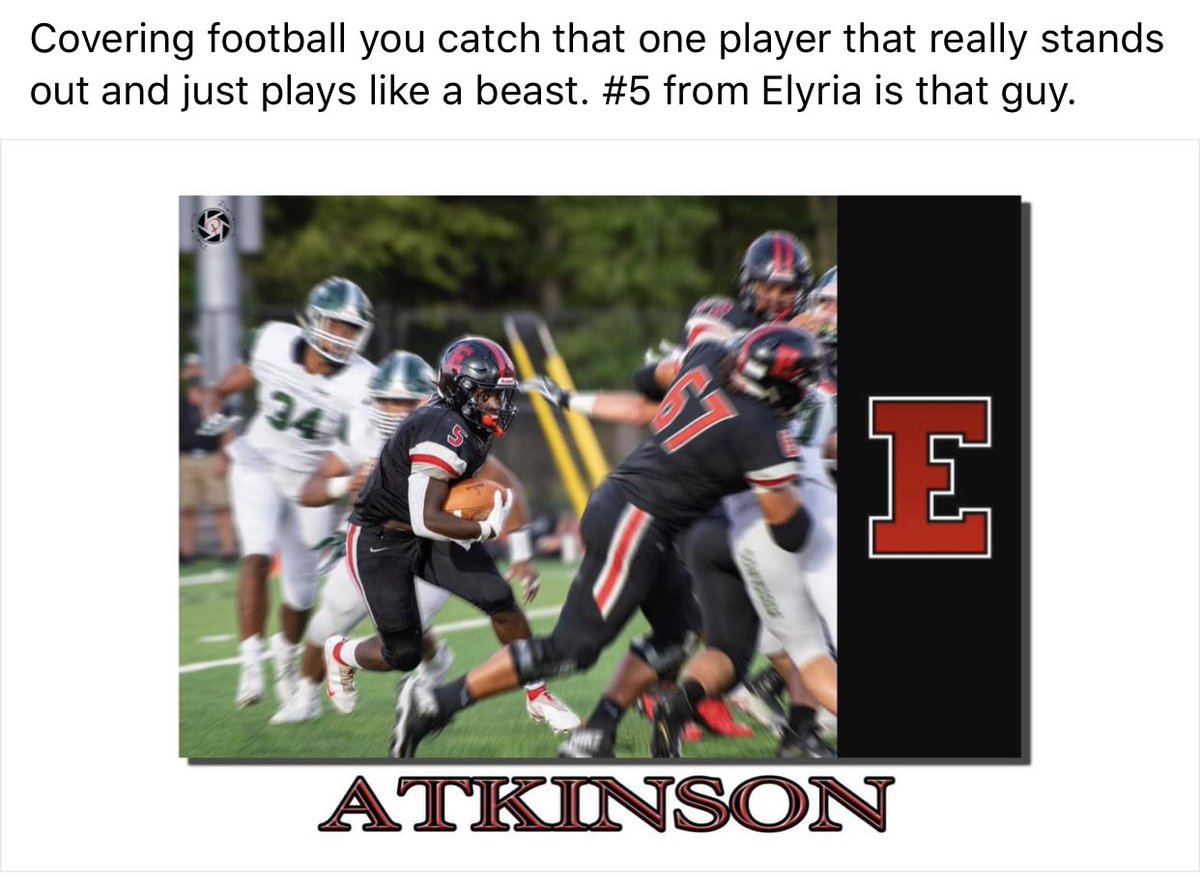 Jaheim Atkinson 5’10 195Ibs RB     Elyria High School. Check out my Senior Tape. Greater Cleveland Conference
 1,103 rushing yards &amp; 10 touchdowns 
  1st team All District 
    1st team All County 
     2nd team All Conference    
     2nd Team All Ohio
hudl.com/v/2EWq9w