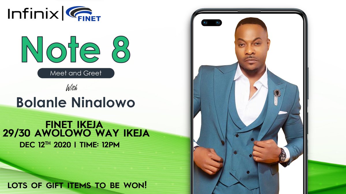 InfinixNigeria's tweet photo. Hi Xfans, the #InfinixNote8MeetAndGreet train stops in Lagos next
Join @NinolowoBolanle this saturday 12th December at FINET store Ikeja, No 29/30 Awolowo way Ikeja Lagos.
See you there.
#Infinix9jaMeetAndGreet
#InfinixNote8MeetAndGreet https://t.co/wSUViiaU5Y