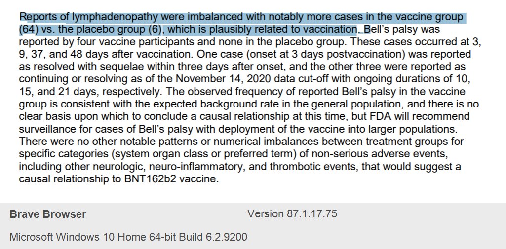 Another adverse outcome that broke in the news: 4 volunteers in Pfizer trial who developed Bell's Palsy.Attached: Relevant chart from FDA website: 4 BP cases among vaccinated vs. 0 cases in placebo group. Mere 10 serious COVID-19 cases overall. https://www.wionews.com/world/four-trial-volunteers-who-got-pfizers-covid-19-vaccine-developed-bells-palsy-348547/37