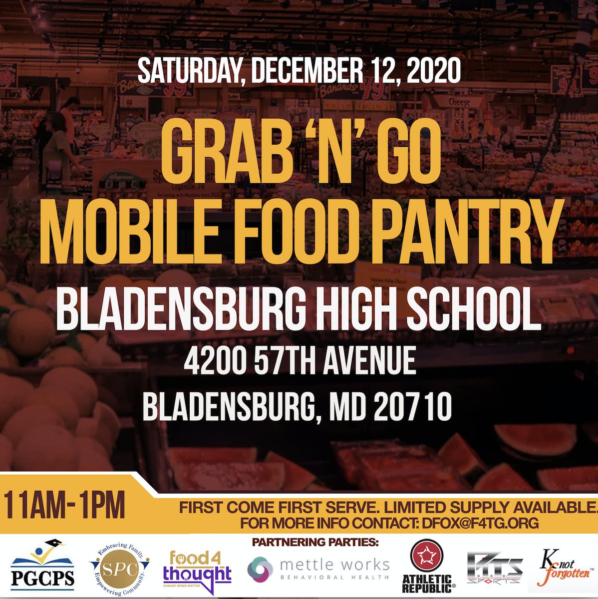 PGCPSPartners's tweet image. (Please RT) #PGCPSPartner #Food4Thought is hosting a #GrabAndGo to provide relief Saturday, Dec. 12 from 11a.m.- 1p.m. at Bladensburg High School located at 4200 57th Avenue Bladensburg, MD 20710.
