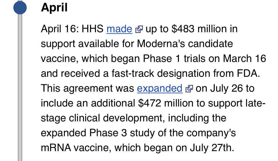 The Trump admin is all-in with Moderna. He partnered with Moderna in January before the pandemic (interesting), bought 100 million doses before their testing was done & “Warp Speed” funded them while he rushes the FDA to approve it even faster.