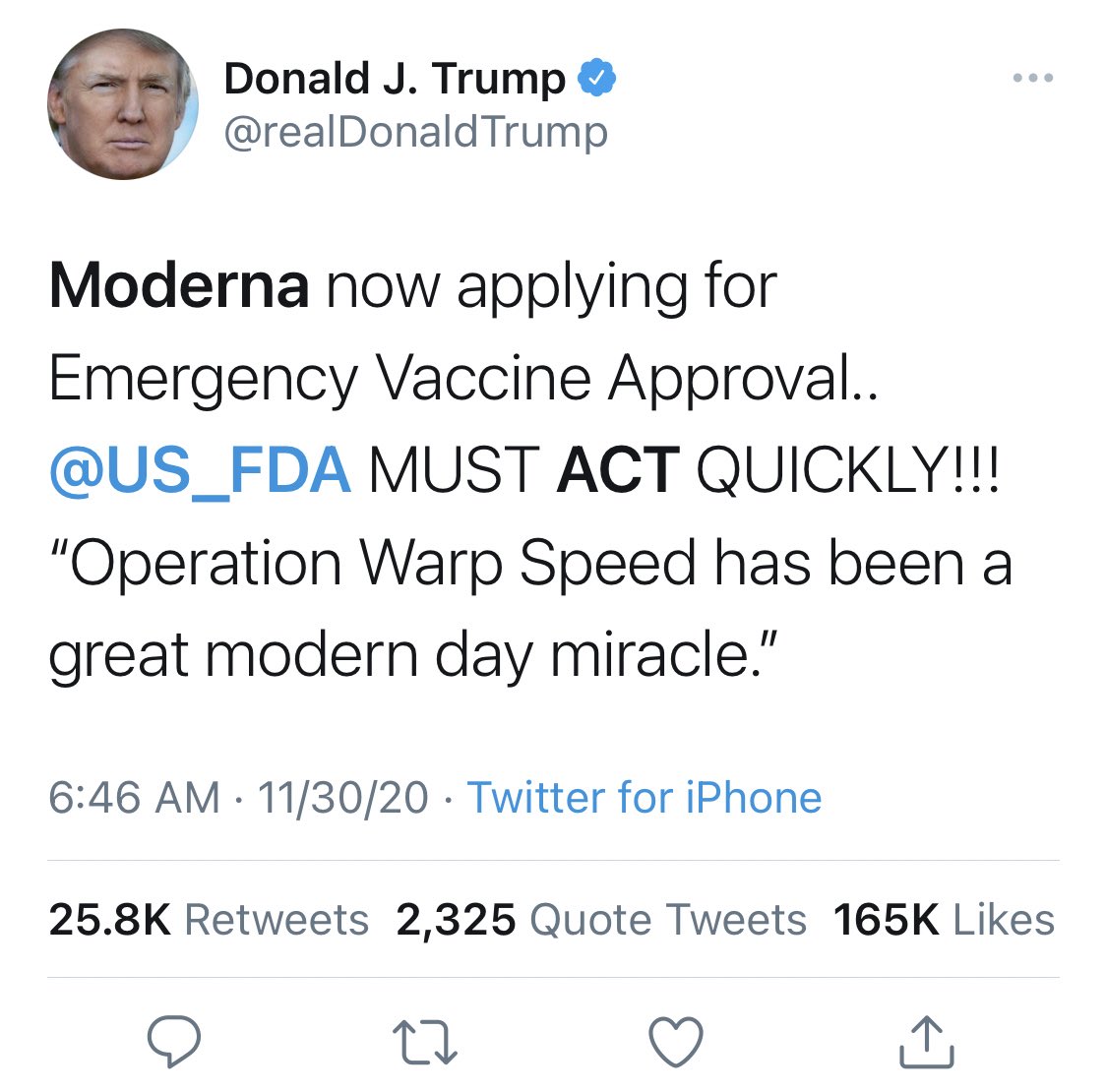 The Trump admin is all-in with Moderna. He partnered with Moderna in January before the pandemic (interesting), bought 100 million doses before their testing was done & “Warp Speed” funded them while he rushes the FDA to approve it even faster.