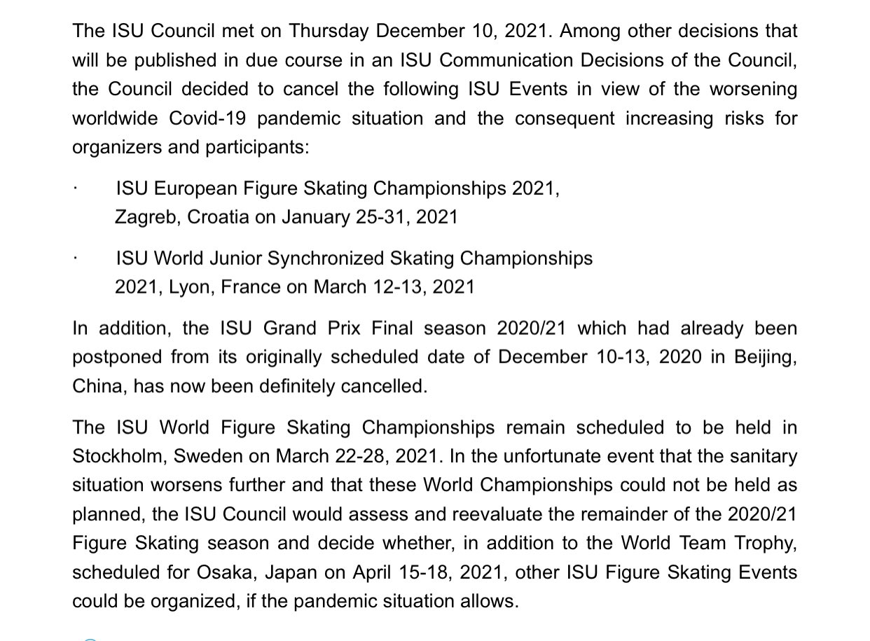 ISU Championship events 2020/21 updates regarding 4CC & Europeans