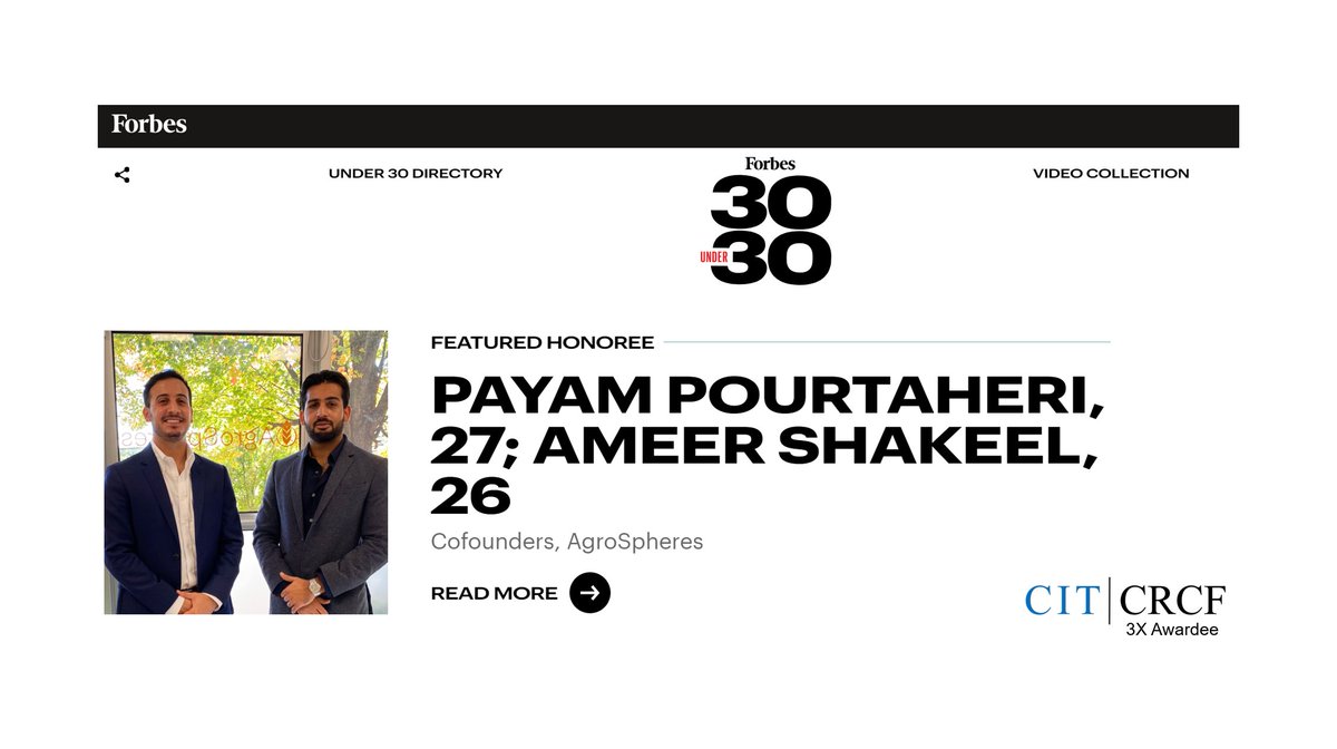 VirginiaIPC's tweet photo. Congrats to AgroSpheres’ Payam Pourtaheri &amp; Ameer Shakeel who have been named to Forbes’ 30 Under 30. We couldn’t be more excited for the #Cville-based co and 3x CRCF awardee. Learn more about their journey https://t.co/67LnoTpsWO. #CITCRCF #CITCCF #VABiz https://t.co/JST40ns4Sr