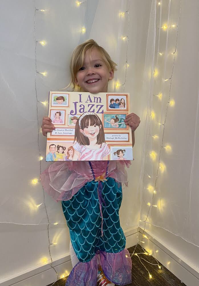 For Book Day, Maddie dressed as <a href="/JazzJennings__/">Jazz Jennings</a> , co-author with @jessicaherthel of one of her favorite books, “I Am Jazz.” Courageous conversations are happening with Pre-K4s at <a href="/StGnola/">St. George’s Episcopal School</a>!