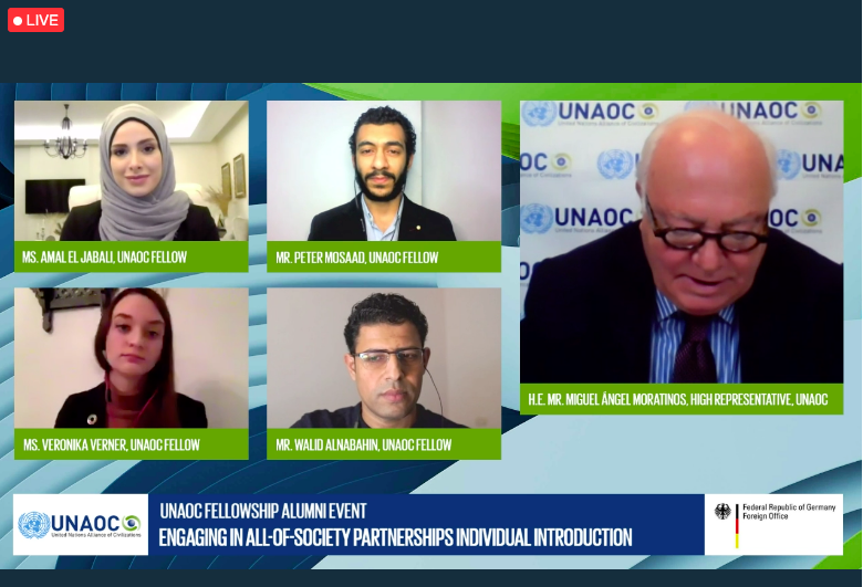 UNAOC's tweet photo. "We need to take a whole-of-society approach when tackling the pressing social issues of our time", says #UNAOC Fellow Walid Alnabahin at the #UNAOCfellows event. Watch live: https://t.co/yXSPSA1feU https://t.co/NxfdGBQnha