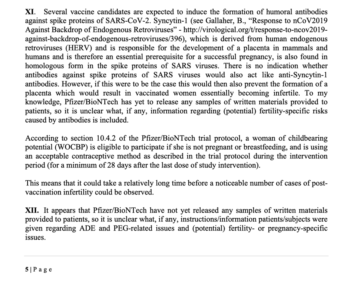 Women, pay attention!  @MichaelYeadon3 et al also warn of potential fertility-specific risks involving antibodies against “spike proteins” that could disrupt development of placenta. "Unclear" what if any warnings vax-makers have given./40 https://2020news.de/en/dr-wodarg-and-dr-yeadon-request-a-stop-of-all-corona-vaccination-studies-and-call-for-co-signing-the-petition/