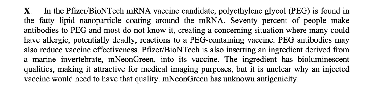 Petitioners warn about 2 additives in Pfizer vaccine: polyethylene glycol (against which 70% of people produce antibodies that could provoke “allergic, potentially deadly reactions”) & mNeonGreen (bioluminescent derived from marine invertebrate “of unknown antigenicity”). /39