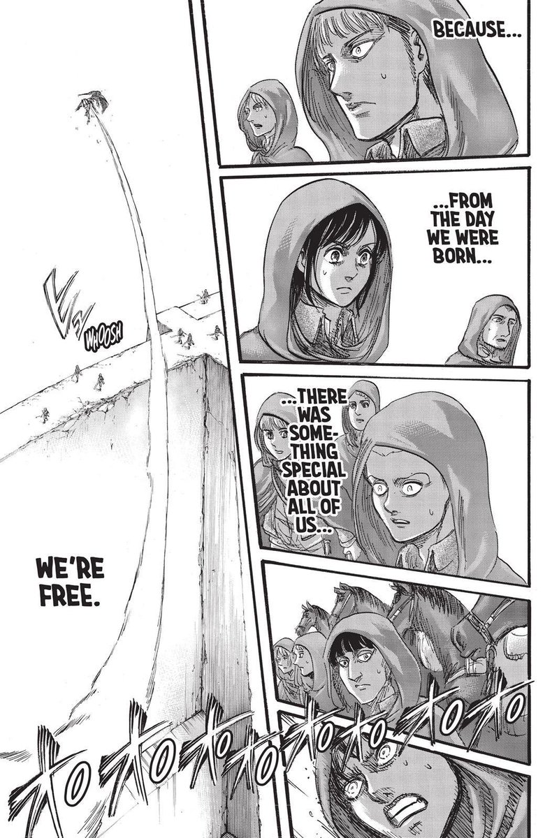 I believe this also explains the flowers that we’ve been seeing across the series. It could’ve been an indicator of Ymir’s feelings that life = freedom. It’s the same with Eren If you go to ch73. They both believe that being born into the world/existing, should make you free