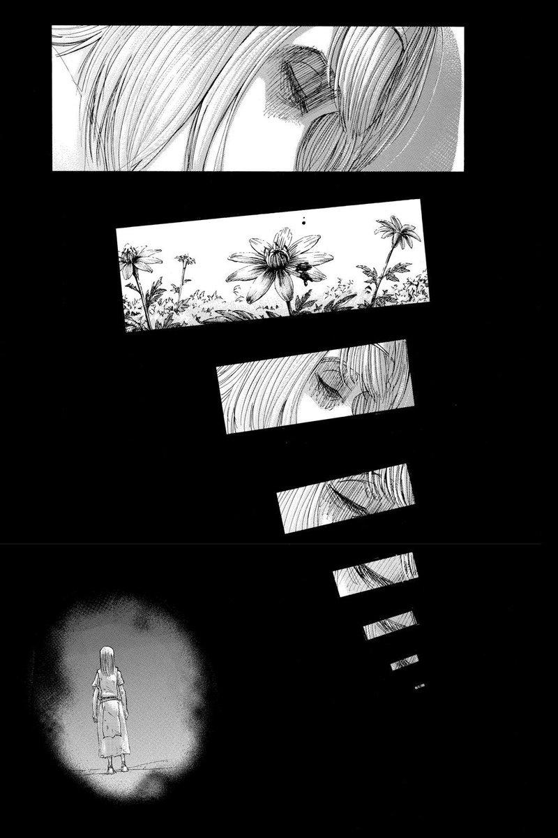 I believe this also explains the flowers that we’ve been seeing across the series. It could’ve been an indicator of Ymir’s feelings that life = freedom. It’s the same with Eren If you go to ch73. They both believe that being born into the world/existing, should make you free