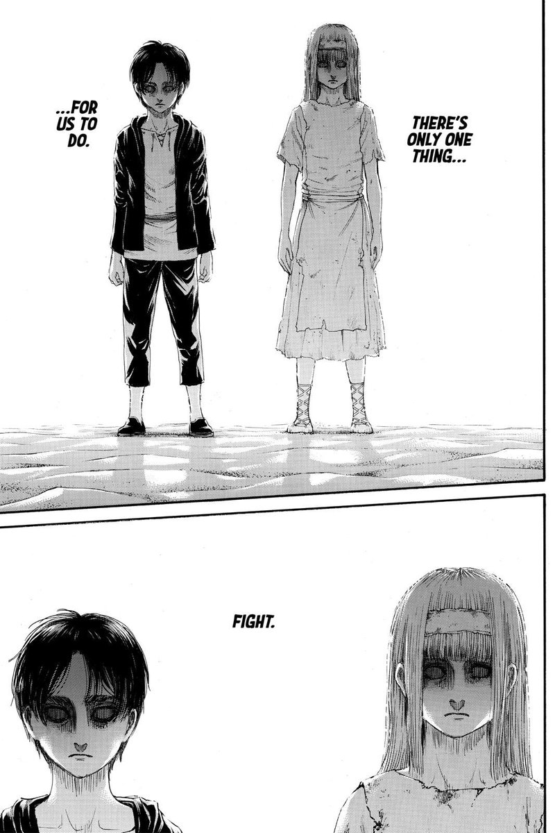 They’re two individuals who compliment and NEED each other to reach the freedom they want. Ymir had the power, but lacked the courage, whereas Eren had the courage, but he lacked the power. That’s why Ymir was calling out to Eren, that’s why she brought him to the paths.