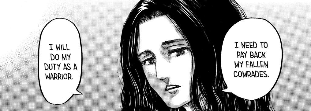 Now Pieck. I think she will most likely die next chapter. There’s no real reason to keep her around imo. I think that she will detonate the explosives before she dies, thus completing her duty as a warrior