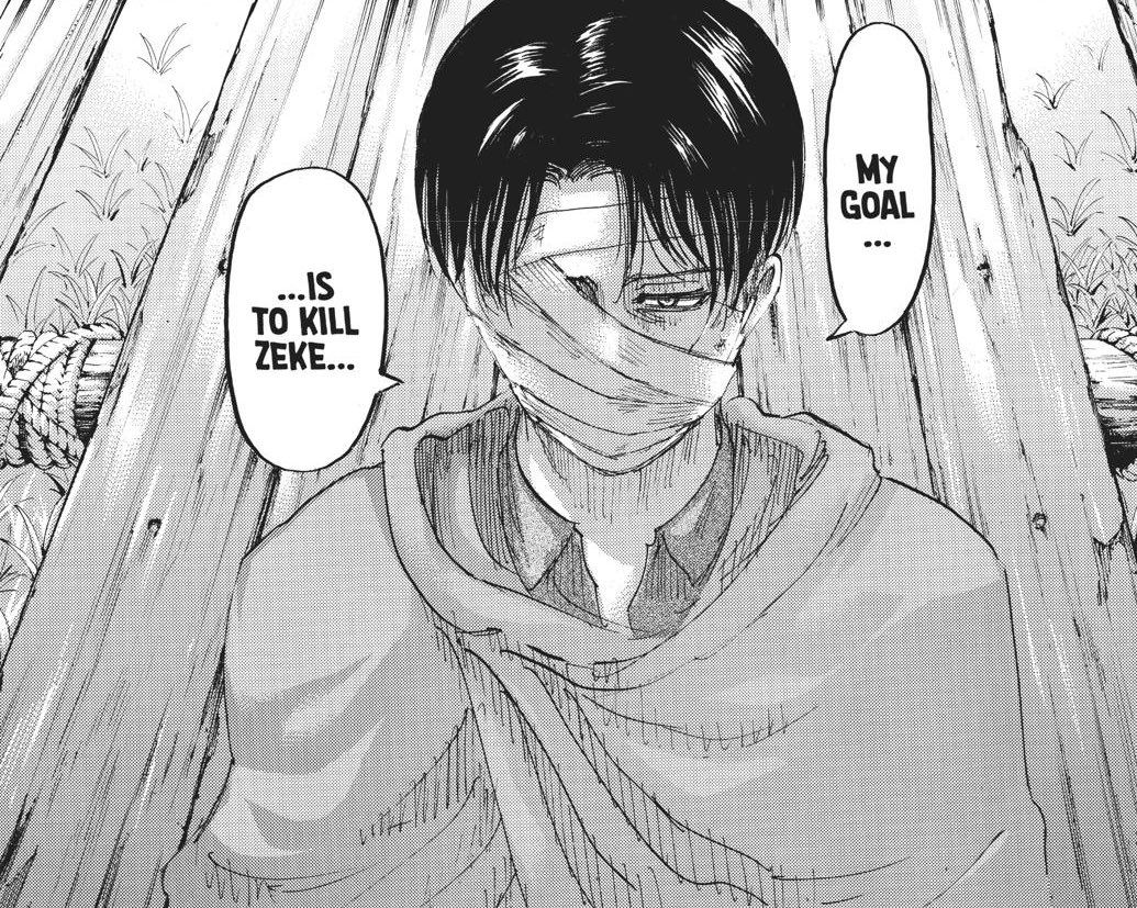 I think Levi is out of commission at this point and this chapter showed how he hasn’t fully recovered from the explosion. I think it’s likely that he’ll have to give up on killing Zeke, the thing he’s been a slave to for years and he’ll prioritise the survival of humanity again