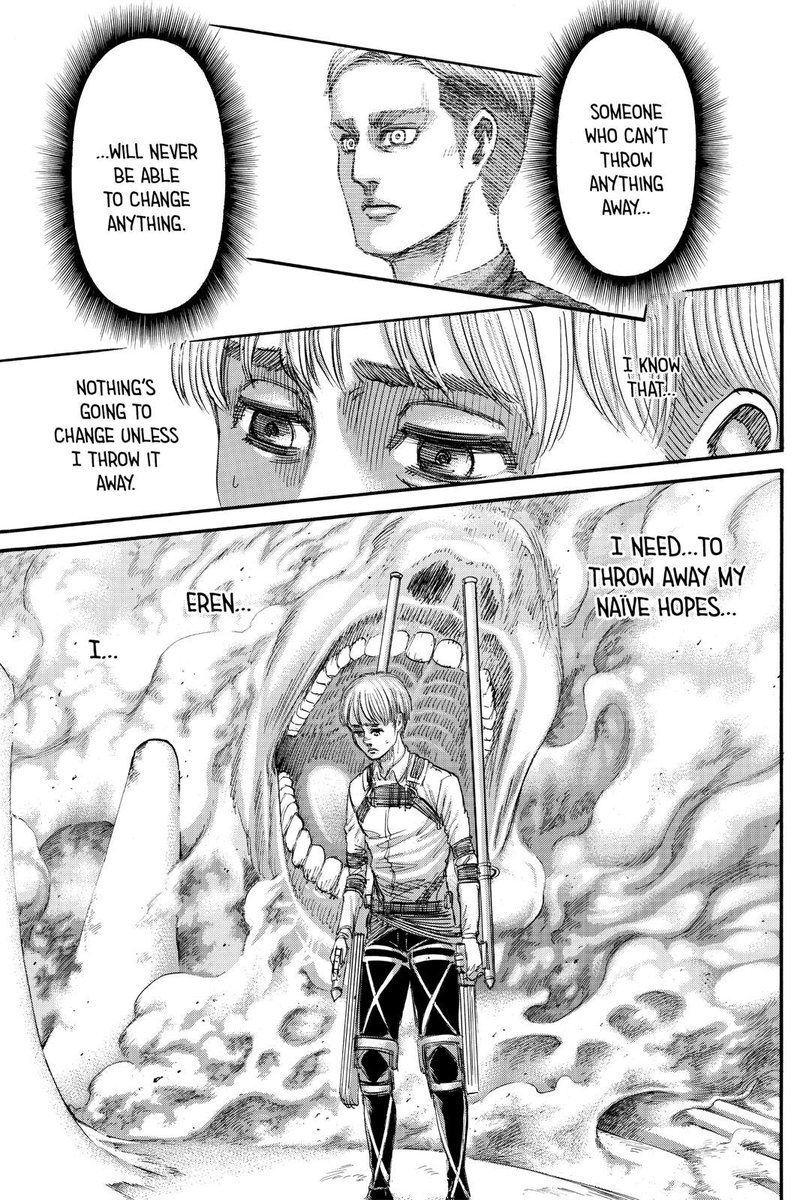 The question that now befalls Armin is whether he will believe in the truth or friendship. Armin has struggled for most of this arc with whether or not to believe in his childhood friend and in this chapter, I think Armin took small steps away from the belief in their friendship