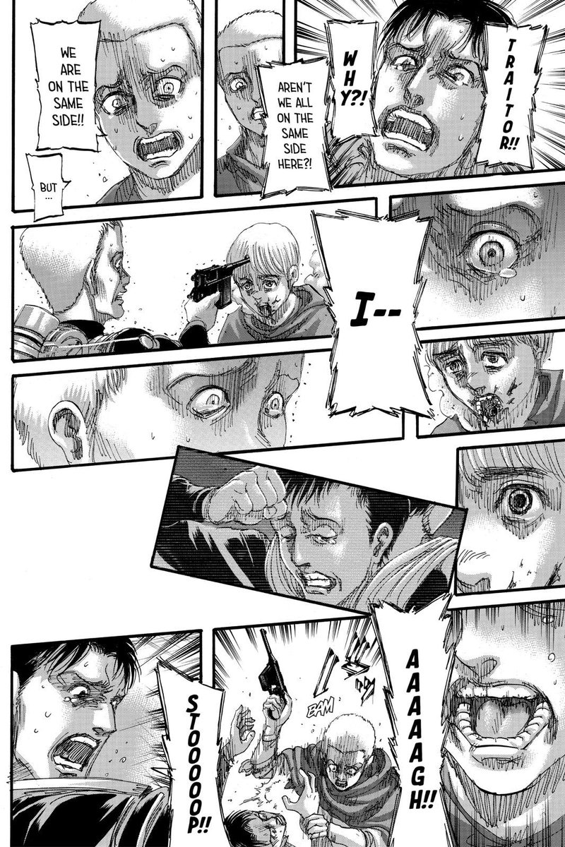 One more thing that I want to mention is the panel with Armin and Bert. I think Isayama was trying to get the point across that Armin, just like Bert, will have to sacrifice something, in order to change something. Which of course aligns with Armin’s thoughts early in the chapter