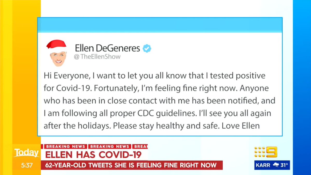 BREAKING Ellen Degeneres has COVID 19. 9News