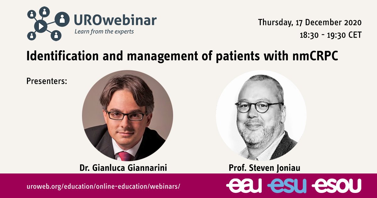 European School of Urology (EAU ESU) (@urowebesu) on Twitter photo Boost your #nmCRPC know-how in this #UROwebinar by <a href="/GGiannarini/">Gianluca Giannarini</a> & <a href="/joniau/">steven joniau</a>.
✔️ Patient definition, new image modalities + interpretation
✔️ Efficacy of ARIs (e.g. ARAMIS)
✔️ European guidelines, & more!
⏰ 17 Dec., 18:30-19:30 CET
✍️ Free registration: bit.ly/39Tai0y Boost your #nmCRPC know-how in this #UROwebinar by <a href="/GGiannarini/">Gianluca Giannarini</a> & <a href="/joniau/">steven joniau</a>.
✔️ Patient definition, new image modalities + interpretation
✔️ Efficacy of ARIs (e.g. ARAMIS)
✔️ European guidelines, & more!
⏰ 17 Dec., 18:30-19:30 CET
✍️ Free registration: bit.ly/39Tai0y