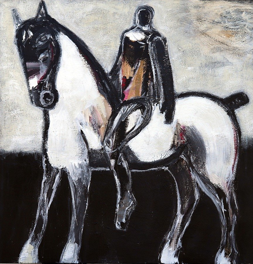 Julie Schumer (abstract) and James Koskinas (portrait) pride themselves on painting close together but in different styles. Their words.