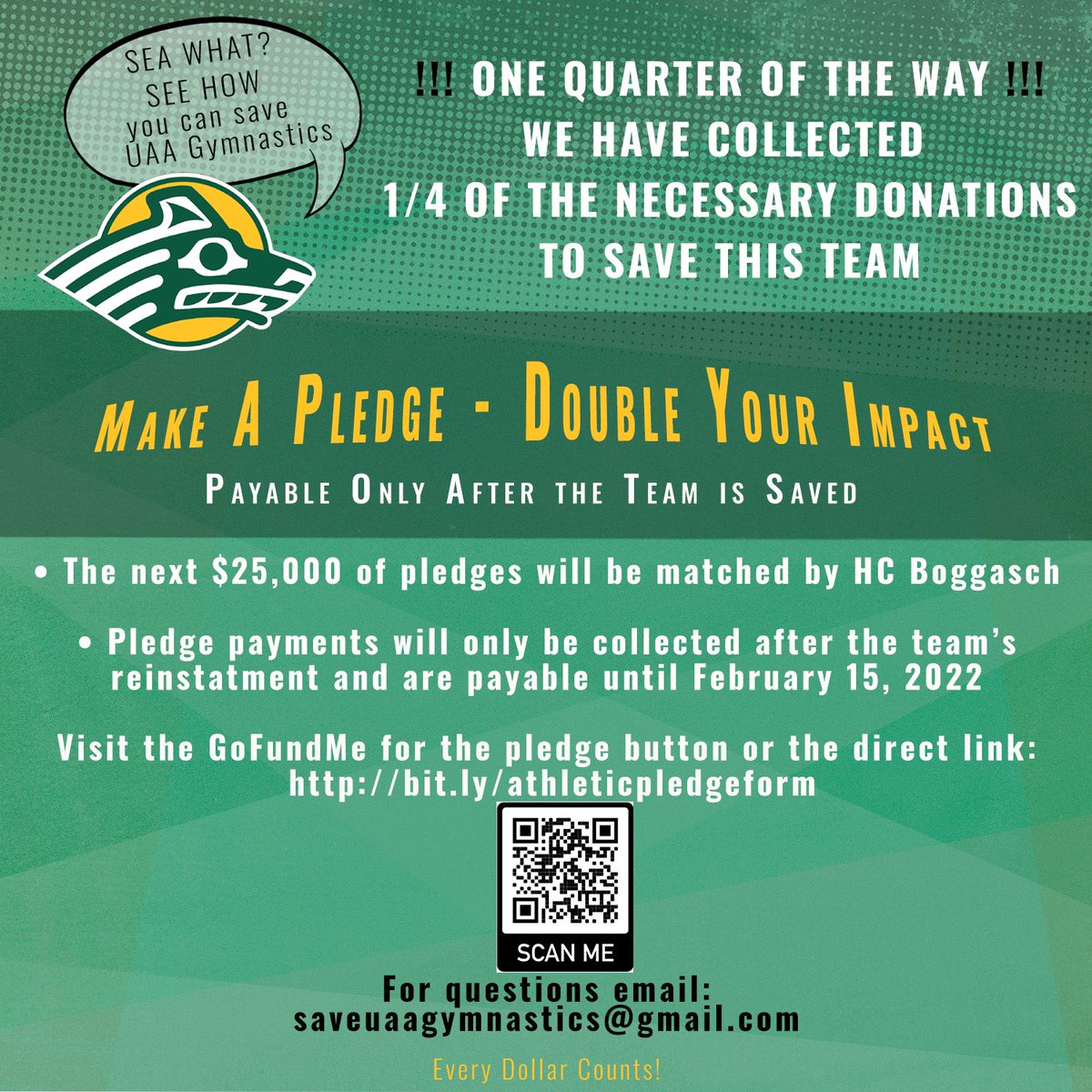 GymnasticsUaa's tweet image. ❗️HUGE MILESTONE❗️
❗️We are 1/4 of the way there ❗️
To celebrate this milestone, the next $25,000 of pledges will be MATCHED 💚💛
DOUBLE YOUR IMPACT TODAY: bit.ly/athleticpledge… 

#beaperfect10 #saveuaagymnastics #fundraising #charity #donate #nonprofit #community #support