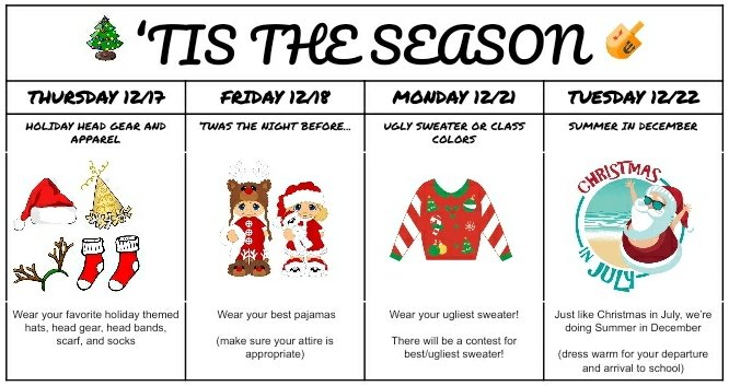 Holiday Spirit Week begins Thursday, 12/17! Which class has the most spirit? Show up in person or on Zoom in your best spirit attire.
