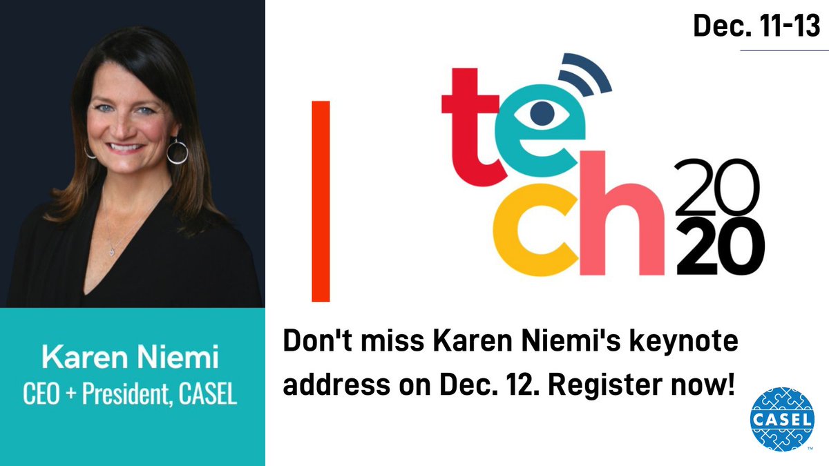 caselorg's tweet image. REGISTER NOW: On Dec. 12, CASEL President &amp;amp; CEO Karen Niemi will be a keynote speaker at TECH 2020, speaking on &apos;from a vision of the whole child to a vision of a whole society&apos;. Register: tech2020.paperform.co 

#TECH2020 #workshops #teachertraining #keynote #sdg4