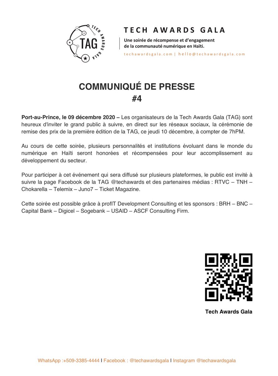 techawardsgala's tweet photo. Le 09 décembre 2020 – Les organisateurs de la Tech Awards Gala (TAG) sont heureux d'inviter le grand public à suivre, en direct sur les réseaux sociaux, la cérémonie de remise des prix de la première édition de la TAG, ce jeudi 10 décembre, à compter de 7hPM. #TechAwardsGala #TAG https://t.co/nnpr2dt9hc