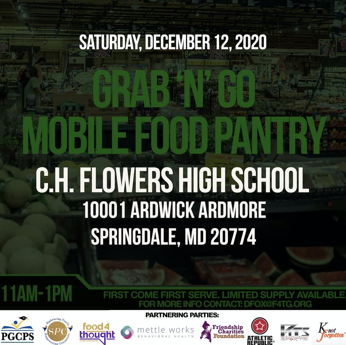 PGCPSPartners's tweet image. (Please RT) #PGCPSPartner #Food4Thought is hosting a #GrabAndGo to provide relief Saturday, Dec. 12 from 11a.m.- 1p.m. at @CHFlowersHigh located at 10001 Ardwick  Ardmore Road, Springdale, MD 20774.