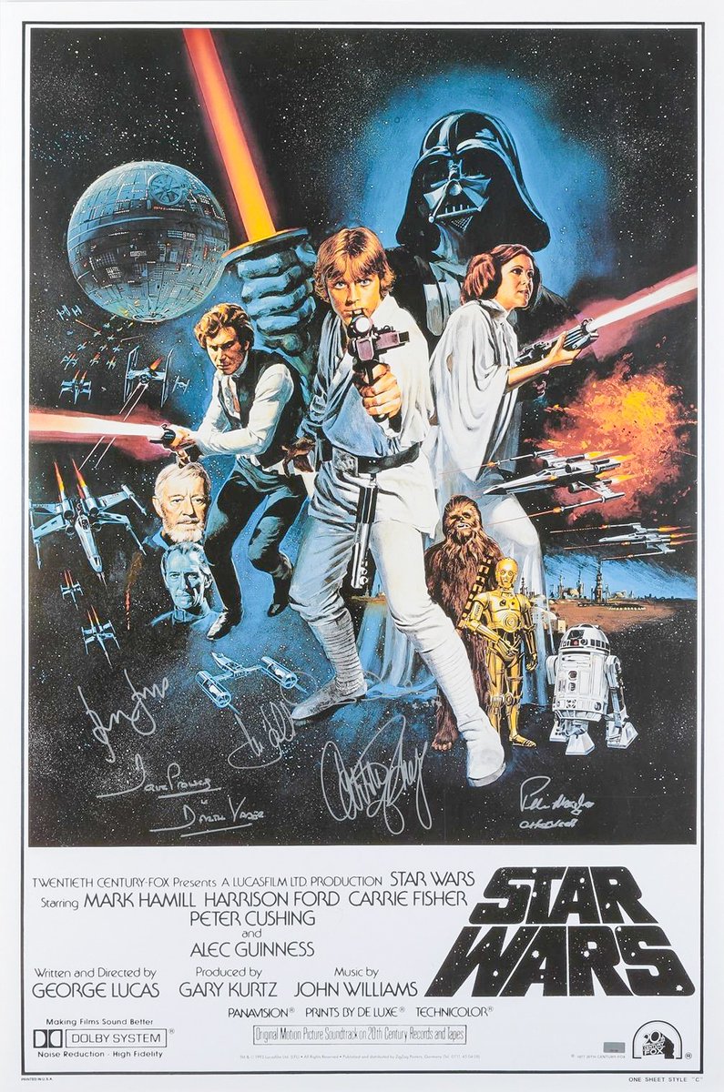 Accompanied by COAs from Celebrity Authentics for all signatures is this vintage poster for the original Star Wars measuring 27 x 40 in., complete with signatures from the stars! 💫

We have this timeless and priceless lot projected to go for $7,000 - $9,000