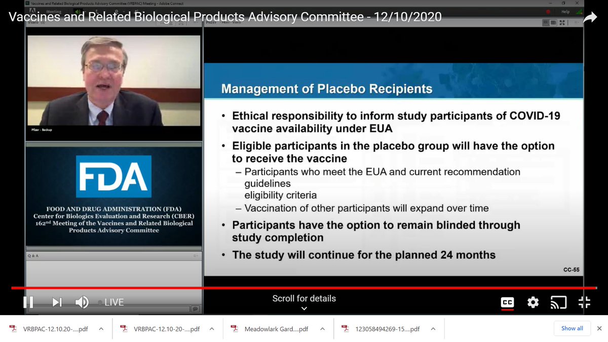  @pfizer plans to vaccinate people in the placebo group of the trial and is talking to  @fdagov about how to do this. Volunteers can remain blinded if they wish. Study will continue for 24 months no matter what.  #vrbpac