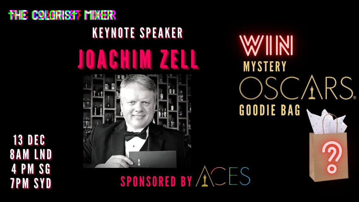 AcademyACES's tweet photo. Join us! ACES is sponsoring 
 @JzJoachimZell keynote as he shares his expertise with Look Design!

00:00 Dec 13 LA
03:00 Dec 13 New York
08:00 Dec 13 London
09:00 Dec 13th Berlin
16:00 Dec 13 Singapore
19:00 Dec 13 Sydney

tix: https://t.co/dh1lMNPoyC
#ColoristMixer  #AcademyACES https://t.co/GLlstTBNtR