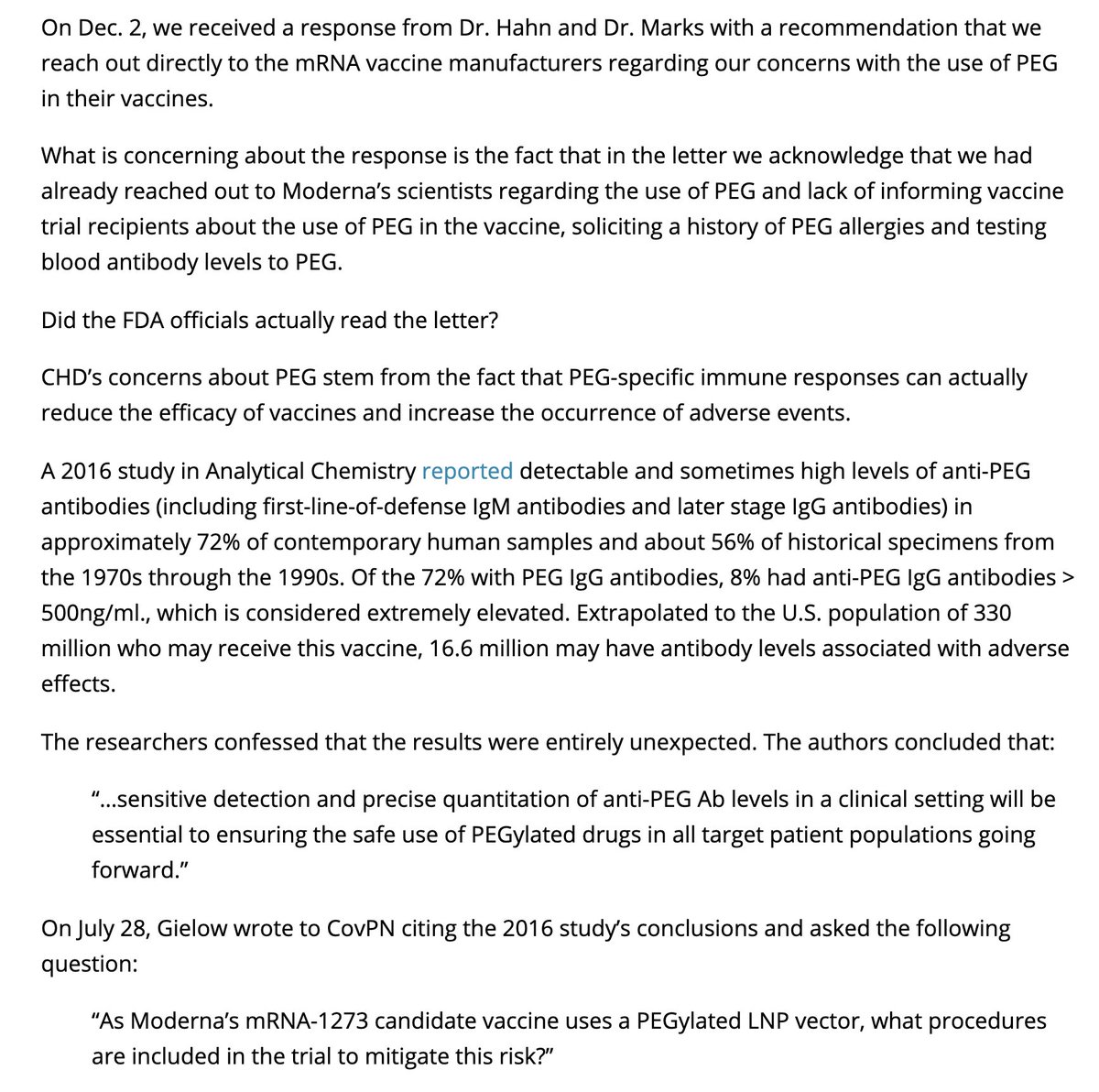 The  @ChildrensHD sent multiple letters to HHS/FDA re PEG additive in COVID vaccines. Govt brushed them off."Extrapolated to the U.S. population of 330 million, 16.6 million may have antibody levels associated w/adverse effects." https://childrenshealthdefense.org/defender/pfizer-covid-vaccine-allergic-reactions/ /43