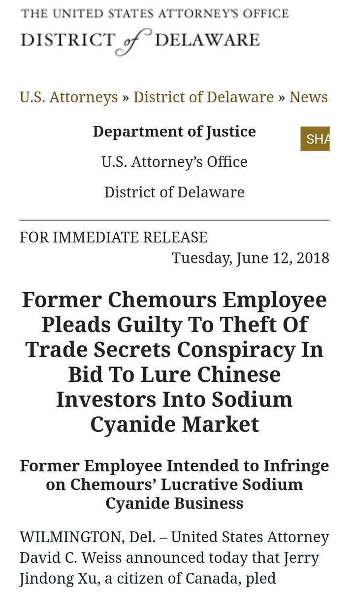 17. Hang on... it keeps going. In 2018, a former Chemours employee, Jindong Xi, plead guilty to theft of trade secrets. He was trying to lure Chinese investors.