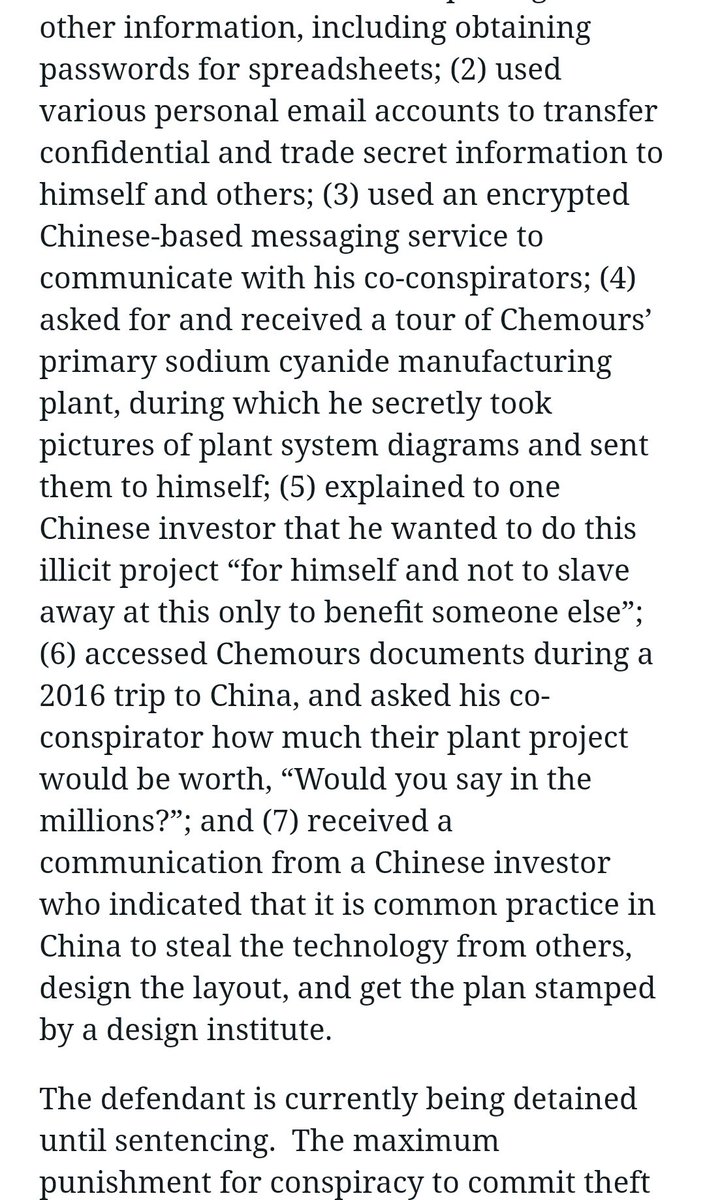 17. Hang on... it keeps going. In 2018, a former Chemours employee, Jindong Xi, plead guilty to theft of trade secrets. He was trying to lure Chinese investors.