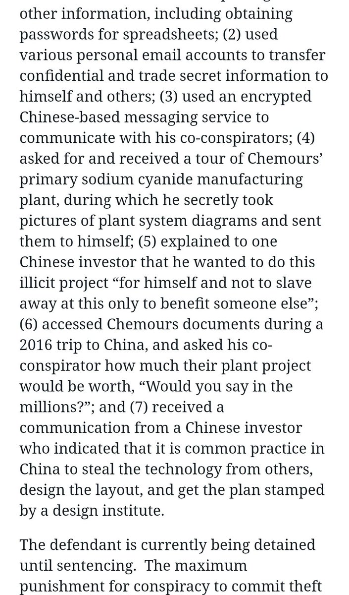 17. Hang on... it keeps going. In 2018, a former Chemours employee, Jindong Xi, plead guilty to theft of trade secrets. He was trying to lure Chinese investors.
