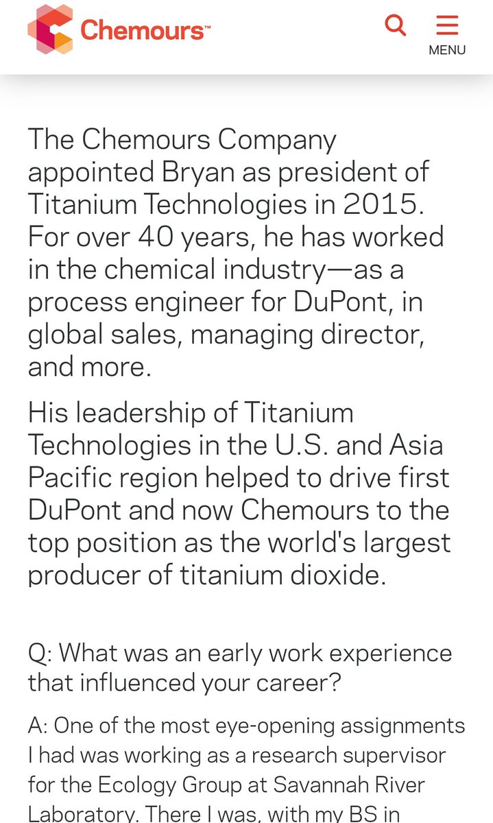 19. He was influenced by someone other than Georgians. Thats why. Meet Bryan Snell, President of Titanium Technologies aka... Chemours. Notice he LIVED in CHINA from 2002 - 2006.