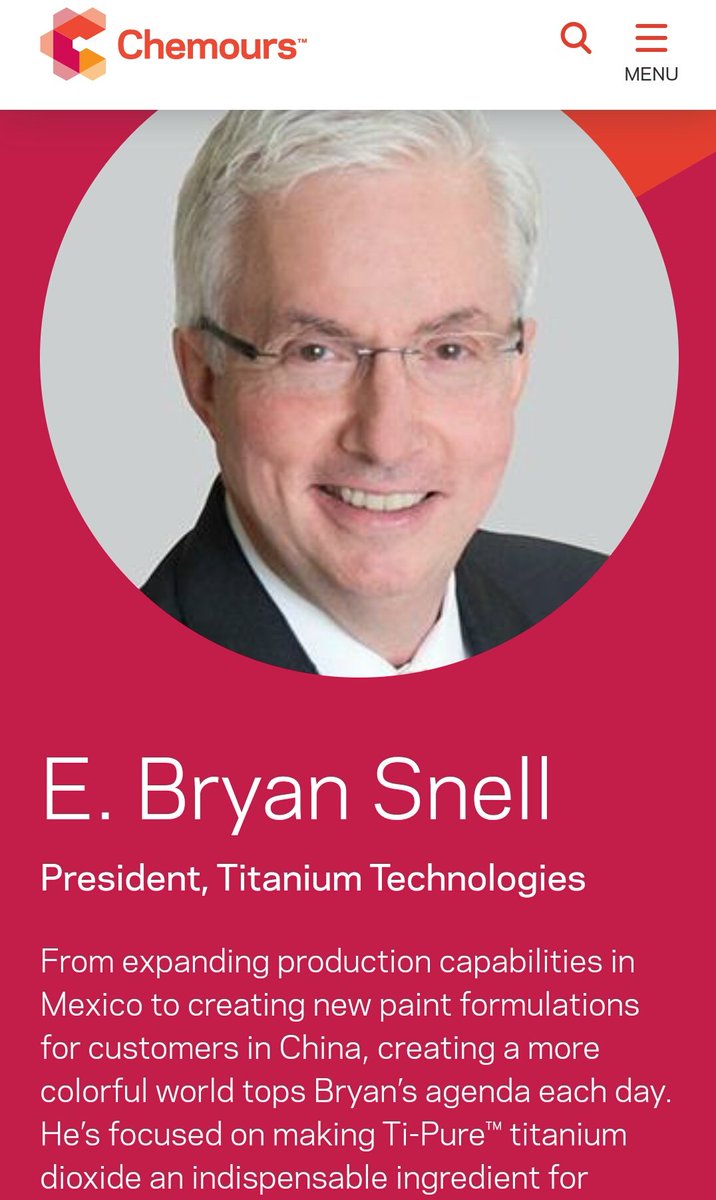 19. He was influenced by someone other than Georgians. Thats why. Meet Bryan Snell, President of Titanium Technologies aka... Chemours. Notice he LIVED in CHINA from 2002 - 2006.