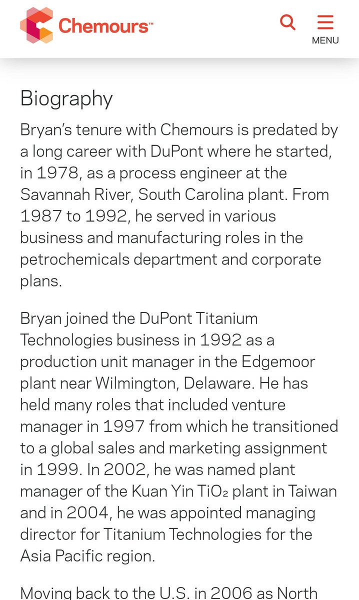 19. He was influenced by someone other than Georgians. Thats why. Meet Bryan Snell, President of Titanium Technologies aka... Chemours. Notice he LIVED in CHINA from 2002 - 2006.