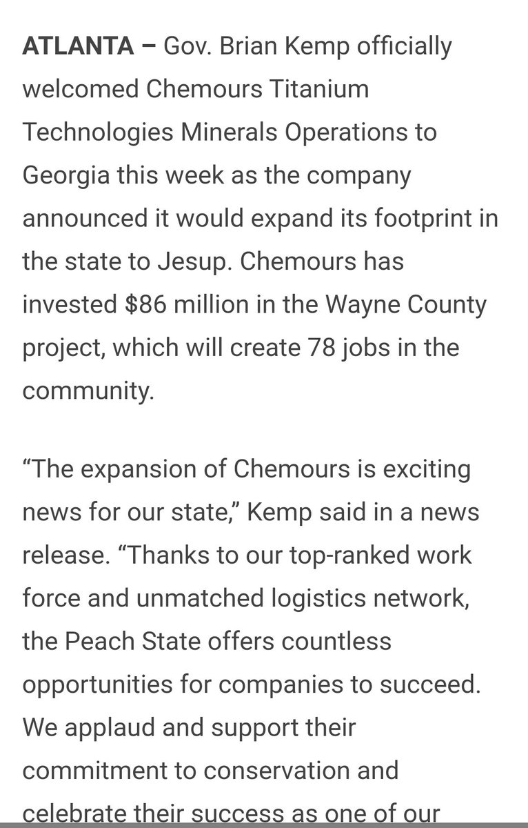 20. He also has a lot invested in Chemours. So, Chemours is investing $86 million to provide 78 jobs? Plus, they also acquired Southern Ionic Minerals in the process. Are they setting this failing company up for someone or something else?