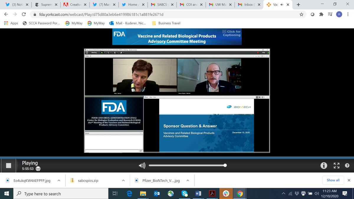  @US_FDA Fantastic discussion of Pfizer/BioNtech vaccince - listen in :1) Possible that social distancing contributed some to great efficacy data in the intervention arm.2) Reverse transcript data unavailable. But Limited RNA in cells. @OncoAlert  https://www.fda.gov/advisory-committees/advisory-committee-calendar/vaccines-and-related-biological-products-advisory-committee-december-10-2020-meeting-announcement