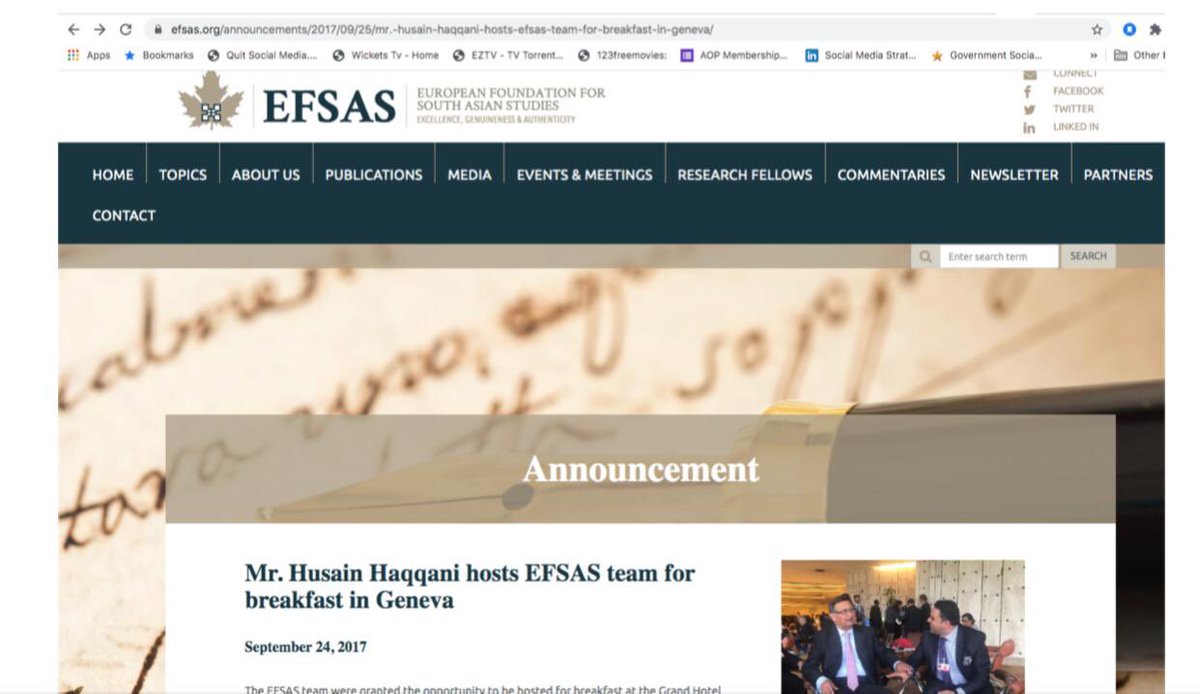 A month before that Hussain Haqqani hosted entire propaganda gang from EFSAS for “breakfast” in Geneva including Junaid Qureshi the Director of EFSAS & son of RAW operative who hijacked an aeroplane in 1971 on 25 September 2017.Link here: https://www.efsas.org/events/sessions-of-unhrc/breakfast-with-mr.-haqqani//3