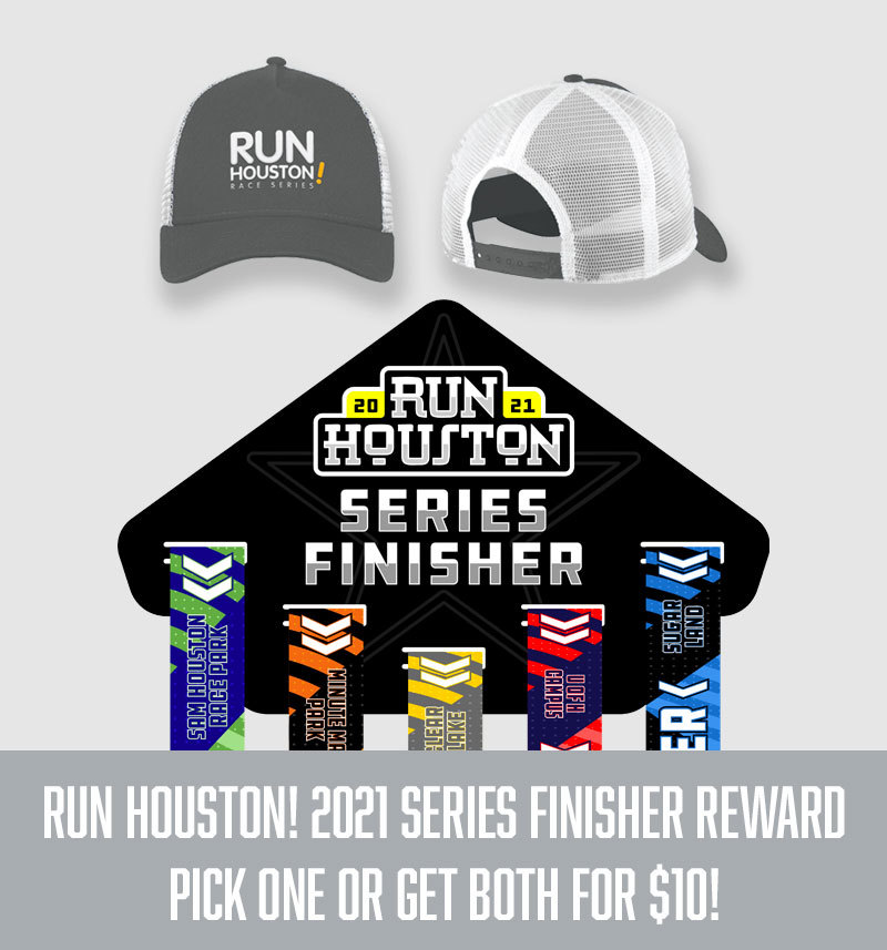 Check out your 2021 Run Houston! Race Series Finisher Rewards! 🎉 Complete all 5 races in the series &amp; earn your choice of a trucker hat or medal rack - OR get BOTH for just $10. Register for the 1st race in the series today! bit.ly/RunHoustonSHRP