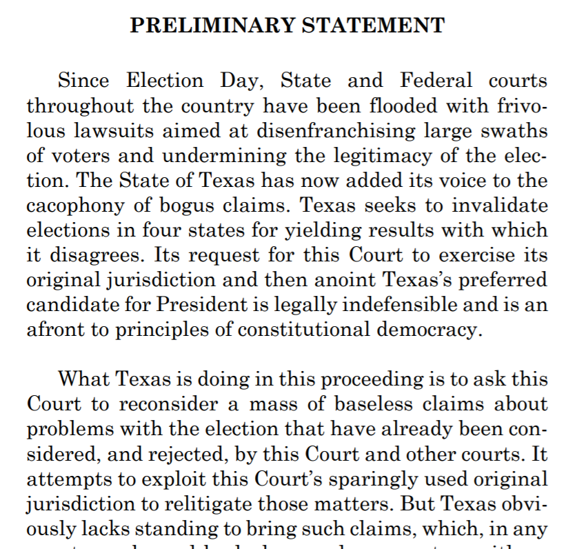 Pennsylvania has filed its response to Texas' Supreme Court lawsuit. Texas, it says "added its voice to the cacophony of bogus claims. Texas seeks to invalidate elections in four states for yielding results with which it disagrees."