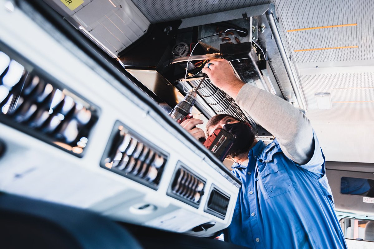 MariettaCitySch's tweet photo. Today we installed Bus Clean Air Needlepoint Bipolar Ionization Systems on our school buses! This technology, also used in our buildings, is proven to remove more than 99% of COVID-19 from the air within 30 minutes. https://t.co/EGXLtDWPO4