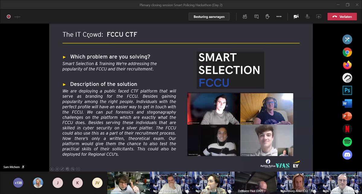 Mickey_De_Baets's tweet photo. The IT Crowd reporting for the finals of @EY_Belgium’s and @Vias_institute ‘s Smart Policing Hackathon for @federalepolitie!
#itfactory #thomasmore #SmartPolicingHackaton https://t.co/EAgx9drwl3