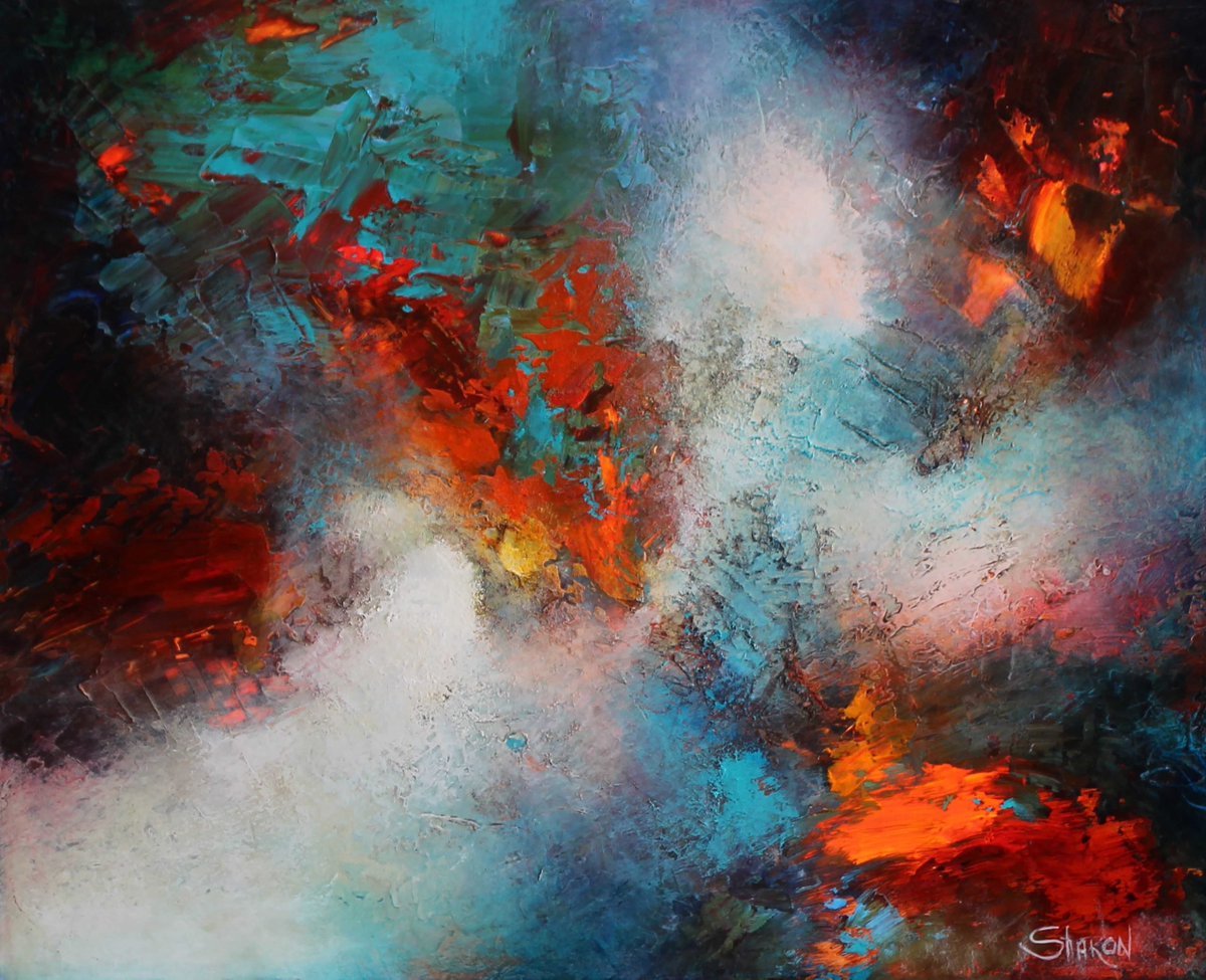 I never get tired of artist bios.Sharon Grimes creates “a feast for the eyes,” as stated by curator of La Posada de Santa Fe and Spa, Sara Eyestone. Her contemporary abstract works leap off the wall and into their viewer’s mind through the use of scintillating color.