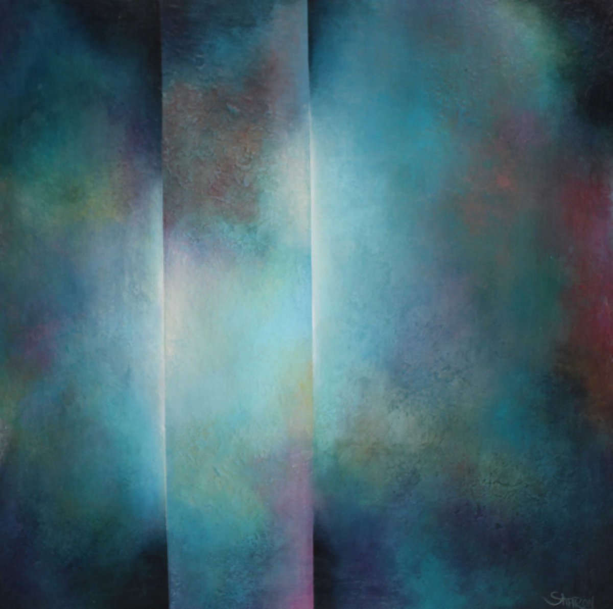 I never get tired of artist bios.Sharon Grimes creates “a feast for the eyes,” as stated by curator of La Posada de Santa Fe and Spa, Sara Eyestone. Her contemporary abstract works leap off the wall and into their viewer’s mind through the use of scintillating color.