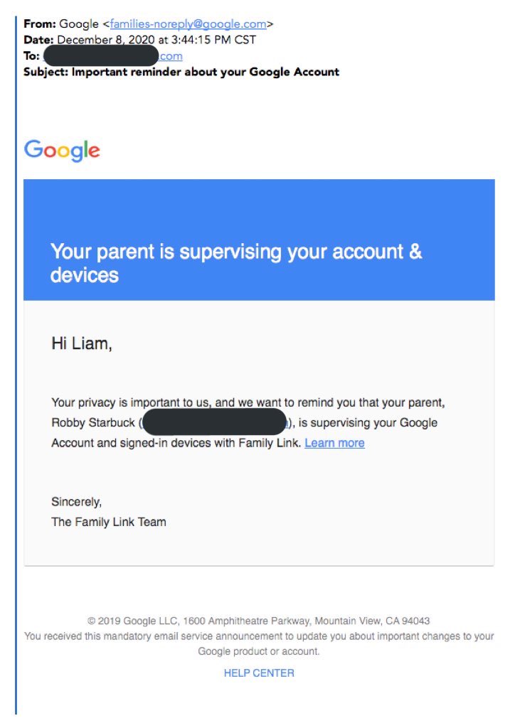 Our 7 year old son has to have google for homeschooling so naturally we setup parental controls but look what  @Google did. They sent my son an email to tell him his privacy is important to them and telling him we’re supervising his account. Let me explain what they’re doing.